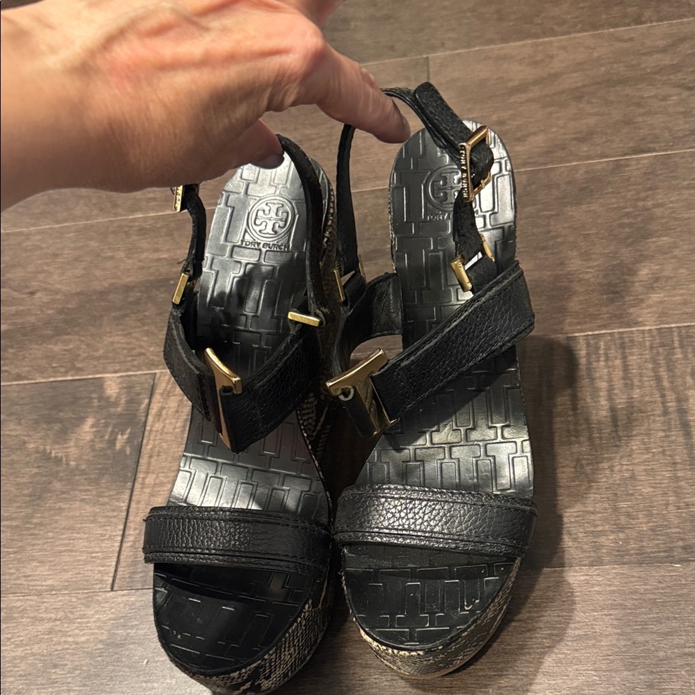 Tory Burch Black Leather size 9 1/2 Wedges with Gold Accents